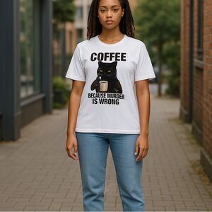 Cream Graphic T-Shirt with Coffee Grumpy Cat Design XL